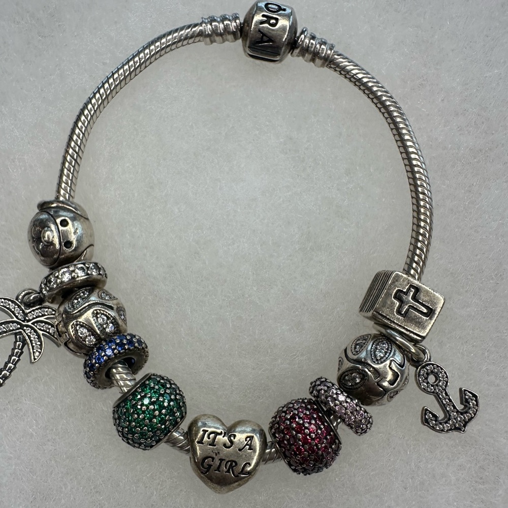 Pandora Vintage Retired Silver Charm Bracelet W/Multicolor Crystal Baby Announce